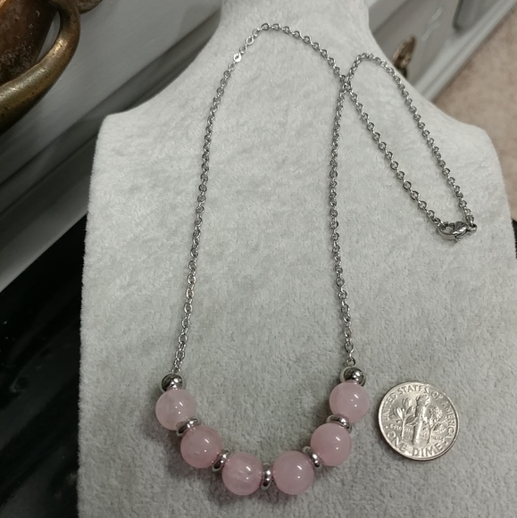 Rose Quartz Bead Necklace Natural Gemstone Crystal Stainless-Steel Chain 20" - Picture 12 of 13